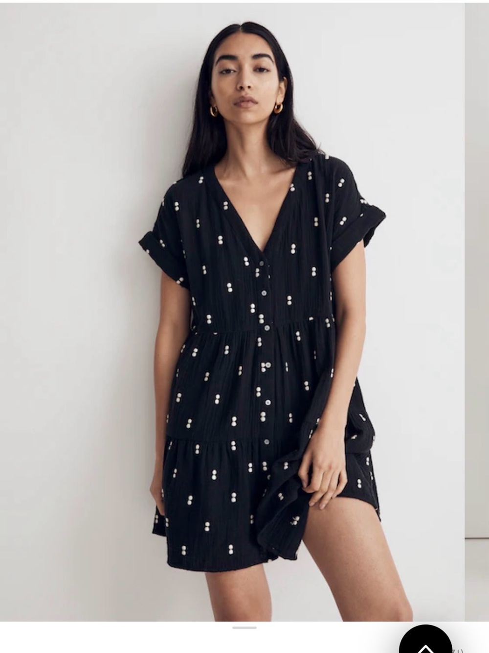 Madewell Lightspun Cuff-Sleeve Button-Front Tiered Mini Dress in True Black NWT